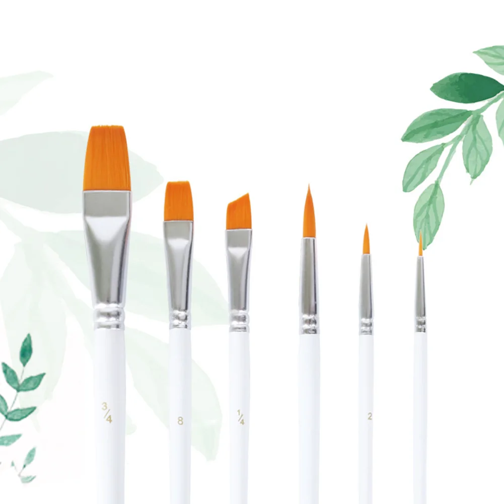 

6pcs/set White Rod Watercolor Gouache Acrylic Nylon Wood Handles Oil Painting Paint Brush Art Supplies Reusable Manicure Set