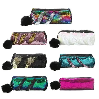 

Reversible Sequins Hairball Pencil Case School Supplies Stationery Gift Students Office Zipper Pencil Bag Children Kids Gifts