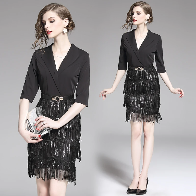 Роскошные вечерние летнее платье женское черное с кисточками сексуальное