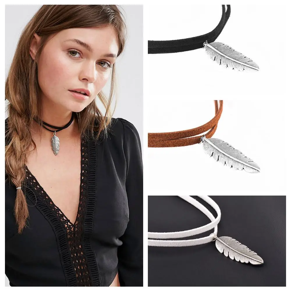 

Velvet Choker Gothic Leather Choker Necklace Antique SIlver Feather Shape Charm Multilayer Chain Necklace CX475