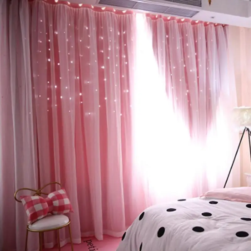 

Hollowed Out Star Shading Window Curtain Drapes Purdah for Home Bedroom Princess Room Blinds Stitched With White Voile