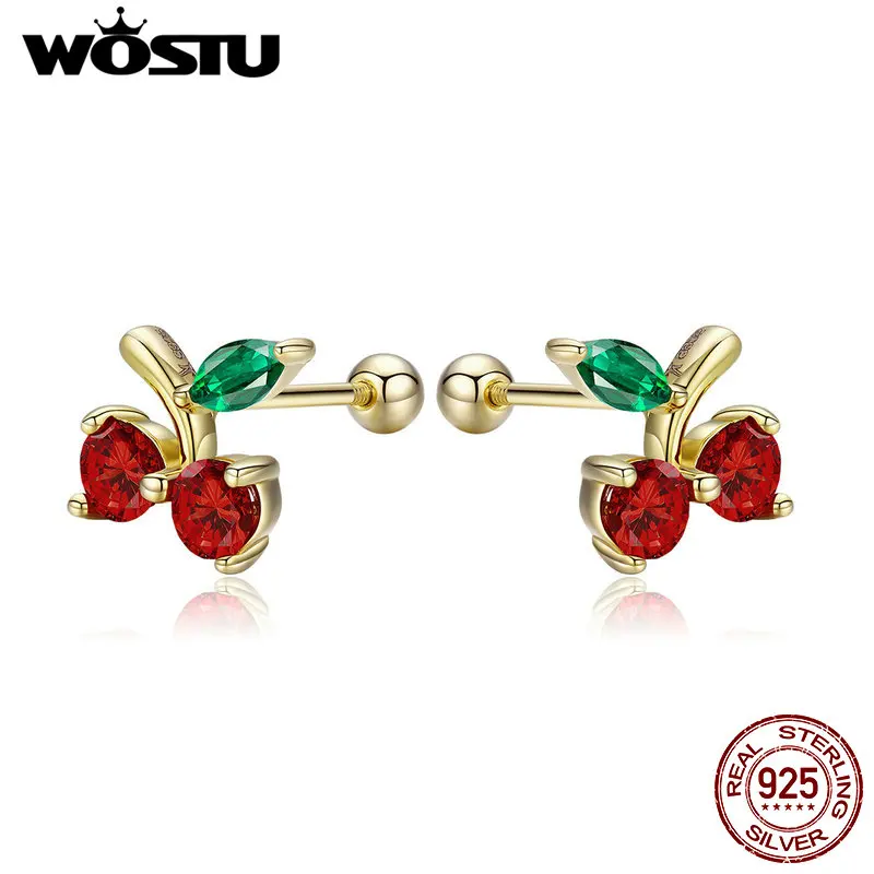 WOSTU корейский 925 пробы серебряные серьги-гвоздики в форме вишни Циркон золотые серьги для женщин Свадебные серебряные 925 ювелирные изделия серьги CQE543