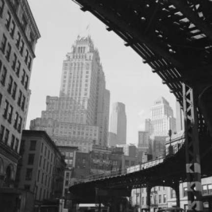 USA New York State City Manhattan Skyscrapers and elevated railroad track low angle view Print (18 x 24) | Дом и сад