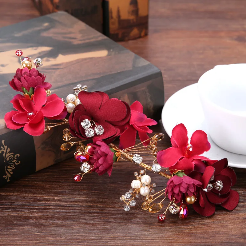 

Handmade Red Fabric Flower Hair Clip Wedding Bridal Headdress Ornament Crystal Beaded Barrettes Hairwear Women Headpiece Gifts