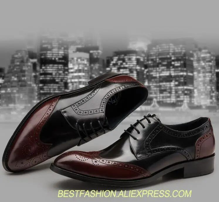 

Vintage dress shoes men genuine leather lace up mix colour carved brogue shoes smart casual height increasing party shoes