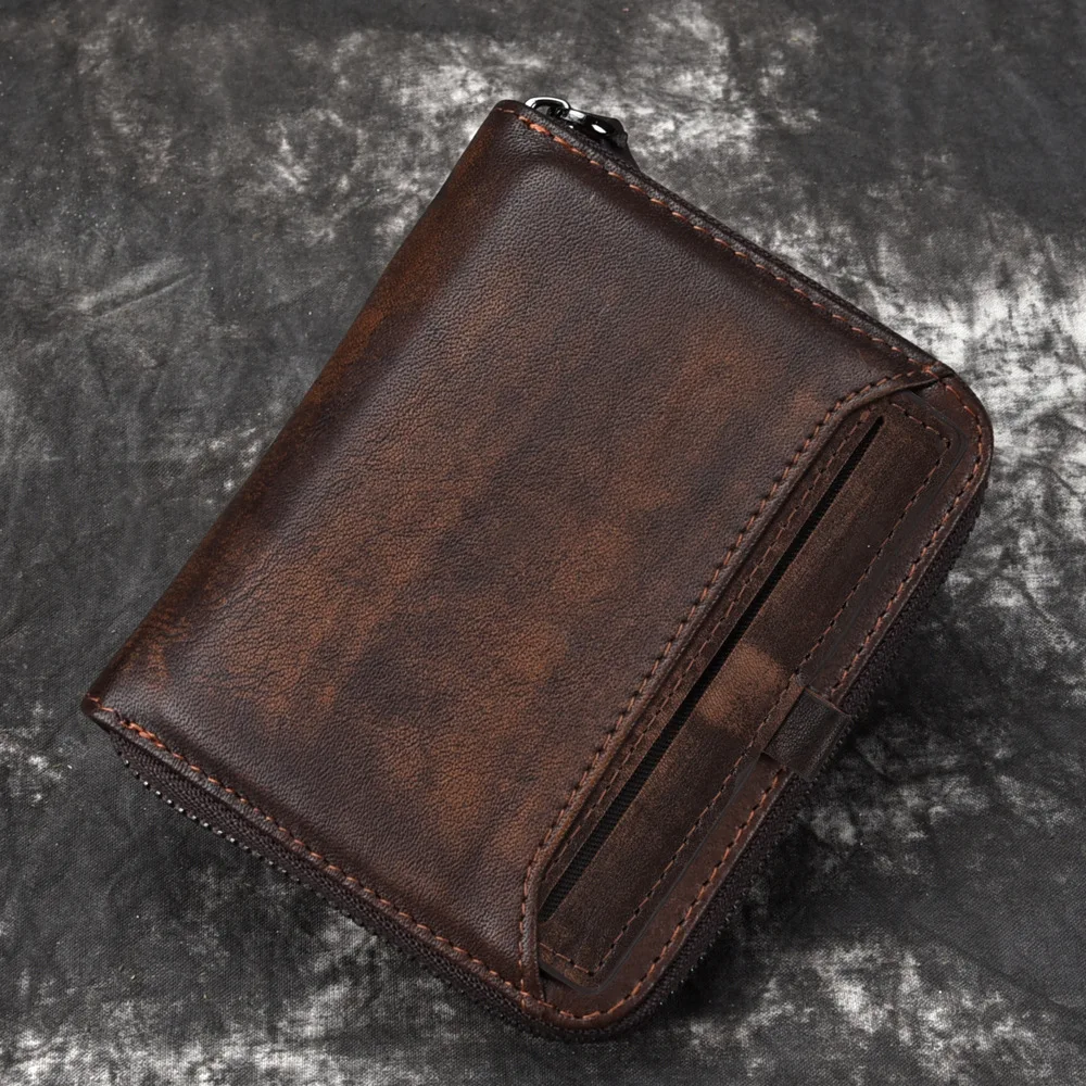 

High Quality Real Cowhide Men Mini Short Purse Pocket ID/Credit Card Holder Retro Designer Genuine Leather Vintage Bifold Wallet