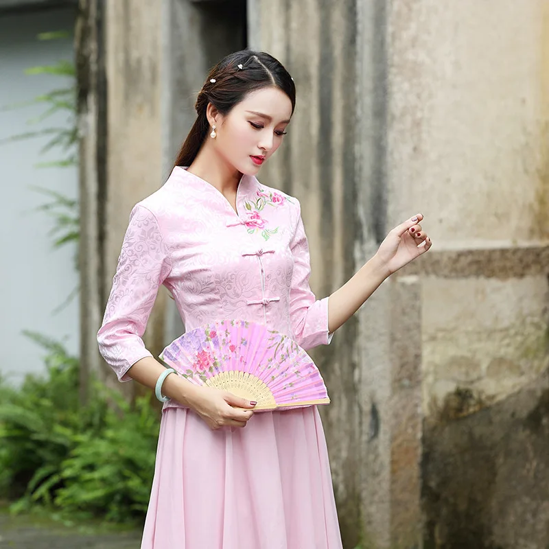 Goedkoop Traditionele Chinese Kleding Voor Vrouwen China Shirt Chinese Stijl Tops Jas Jacquard Katoen Afdrukken Verticale Cheongsam Tops