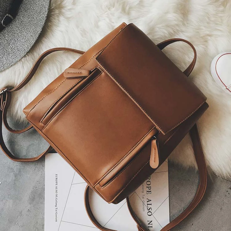 

[Super Seabob] 2019 Spring Woman New Solid Color Double Shoulder Cover Button High Capacity PU Leather Backpack All Match LI698