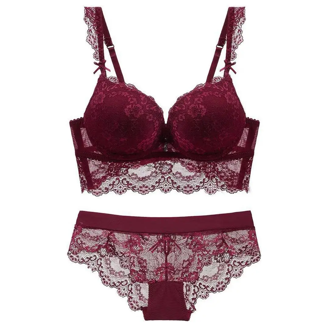 

Cup Transparent Lace Embroidery Bra Sets Underwear Suit Black Red Wine