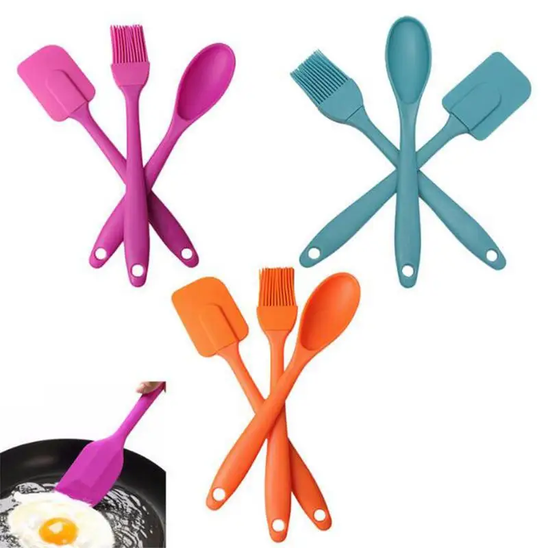 

3PCS Heat Resistant Non-stick Silicone Spatula Spoon Brush Set Kitchen Cooking Utensil Tool Kit Kitchenware Random Color