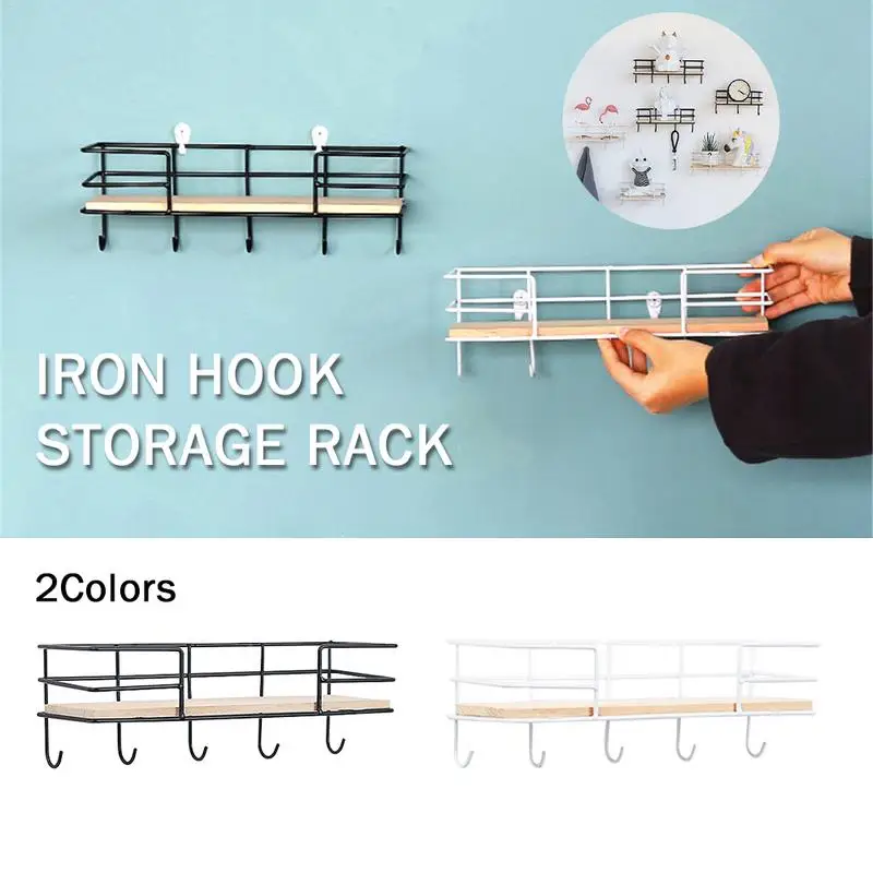 

Creative Ins Wrought Iron Wood Wall Shelf Entrance Key Coat Clothes Bag Scarf Hook Storage Rack Home Room Decoration Organizer