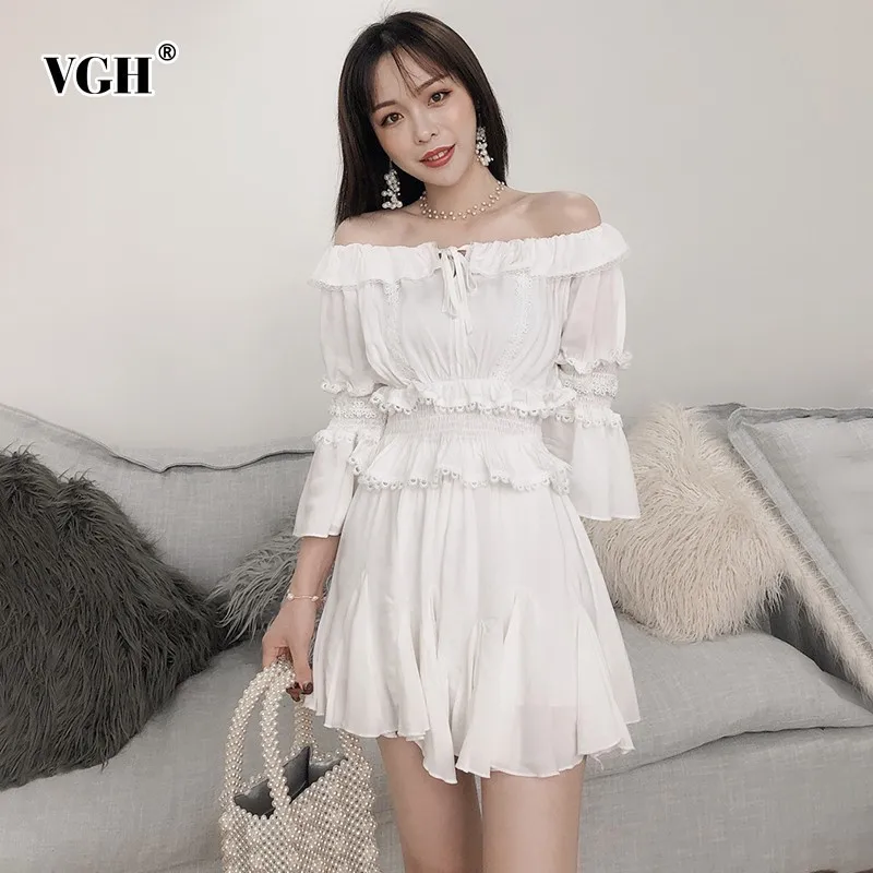 

VGH Summer Solid Women's Two Piece Set Slash Neck Off Shoulder Flare Sleeve Shirt Mini Skirt Loose Womens Suit Fashion New 2019