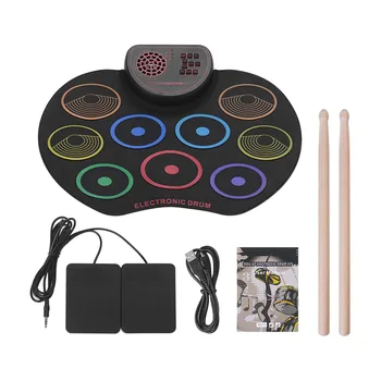 

Portable Electronic Drum Set USB Roll Up Drum Pad Kit 9 Drumpads Built-in Speaker Battery with Sticks and Foot Pedals Digital