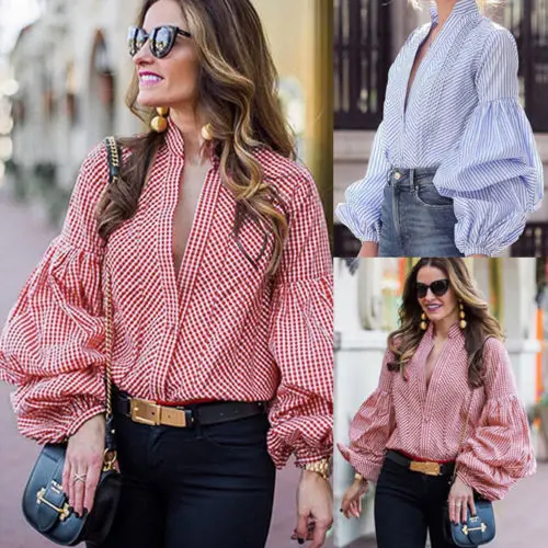 

New Latern Long Sleeve Striped Shirts Women Fashion Loose Casual Shirt Lady Clothes Blouse Tops Striped Shirt Blue&Red