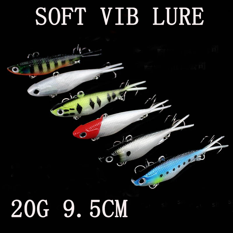 6pcs/lot 9.5cm 20g Soft Plastic vib fishing Lure Artificial Bait Lead  inside Soft Outside Treble hooks Pesca Wobbler Sinking