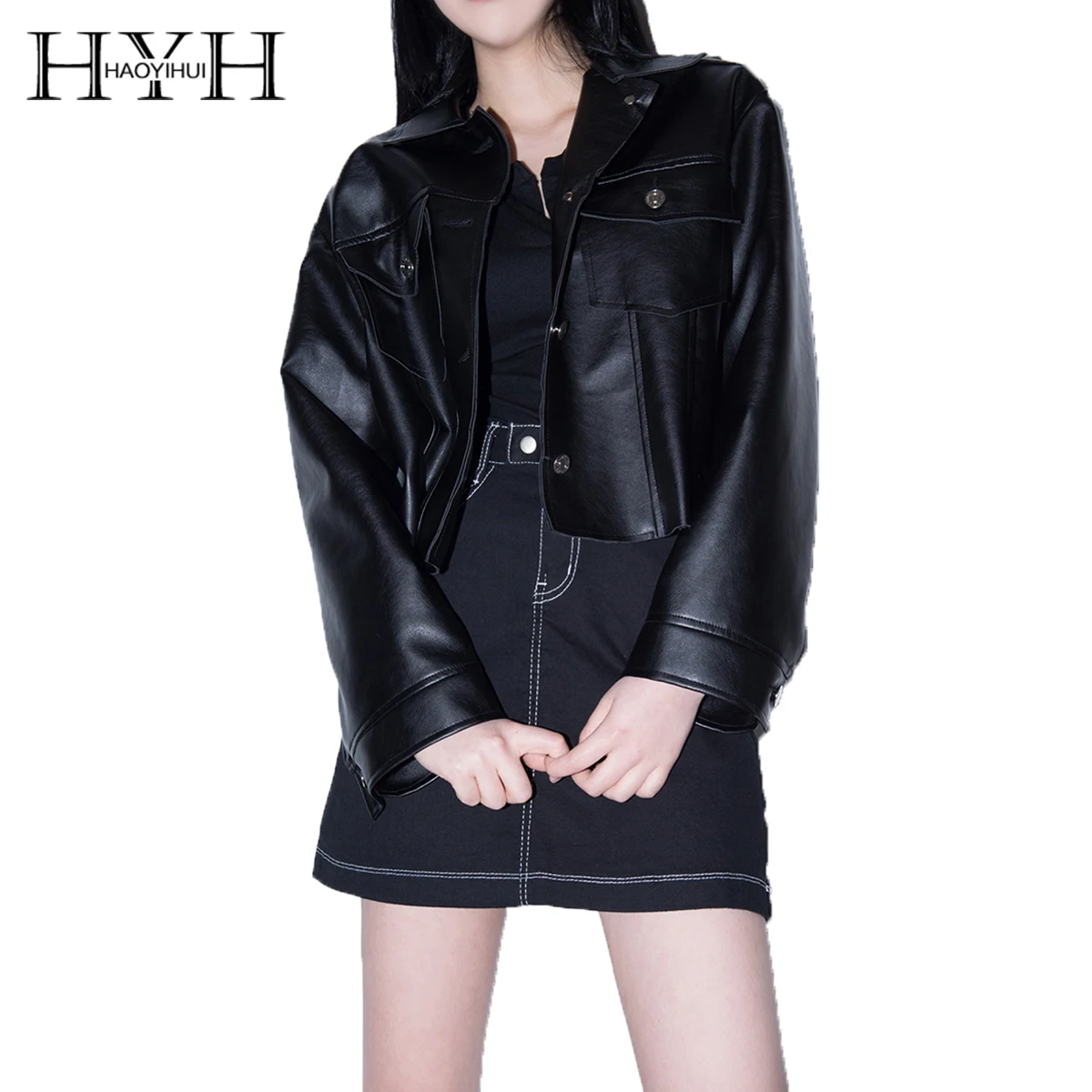 

HYH HAOYIHUI Street Personality Basic Lapels Symmetrical Pocket Split Line Leather Jacket