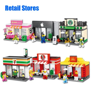 

City Mini Street Building Block Toy 3D Model Kfce Mcdonald Cafe Apple Miniature Bricks For Kid Compatible bricks WJ076