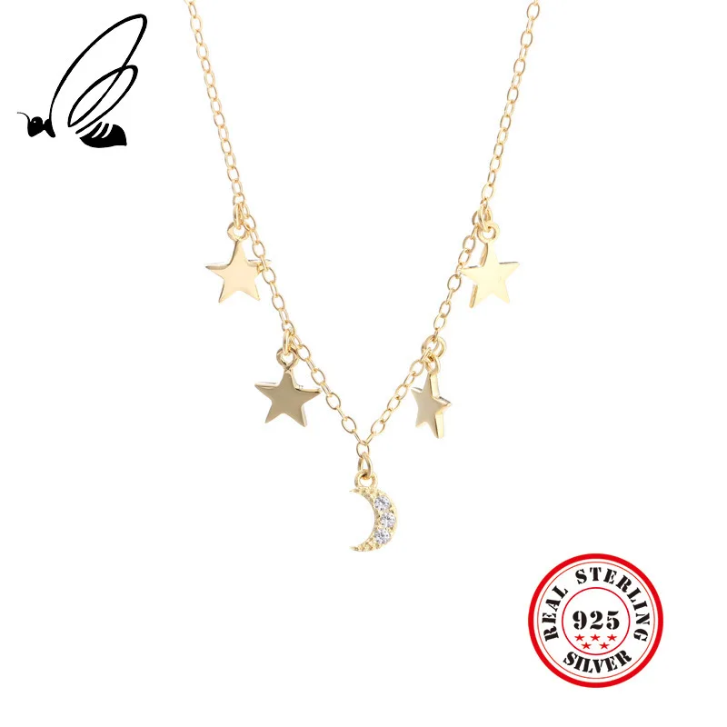 

New 100% 925 Sterling Silver Mini Moon And Star Pendant Necklace For Women Mosaic Zircon Choker Necklace Fine Fashion Jewelry