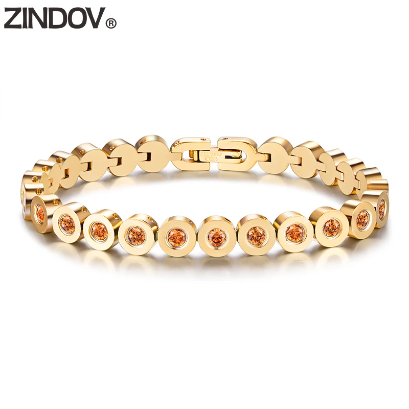 

ZINDOV Rose Gold Bracelet & Bangles Stainless Steel Champagne Cubic Zirconia Crystal Stone Brand Luxury Jewelry For Women Female