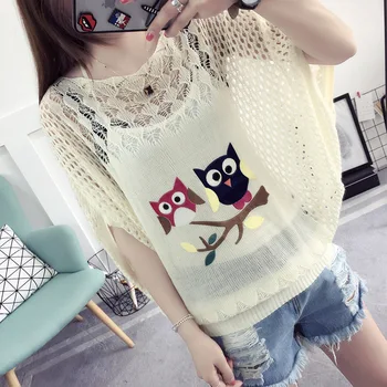 

2019 New Women Fashion Short Batwing Sleeve Lace Appliques Thin Summer Knitted Sweaters Pullovers Loose Casual Tops Sweater
