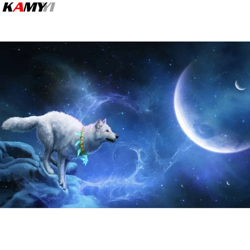 KAMY YI Full Drill Diamond Embroidery Cross Stitch Wolf and moon 5D DIY Square/Round Painting HYY | Дом и сад