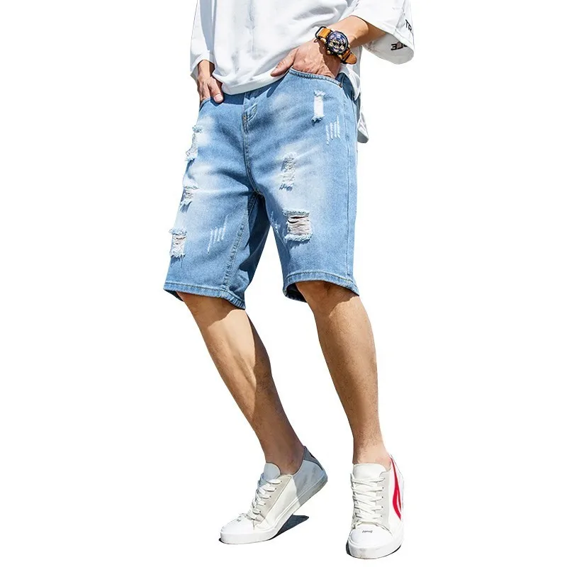 Мужские джинсовые шорты с дырками, джинсовые новые эластичные шорты до колена, модные облегающие Высококачественные эластичные джинсовые шорты, мужская одежда