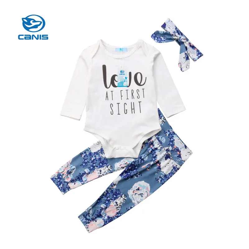 CANIS 2018 младенческой Повседневное 2 шт. принт комплекты одежды для новорожденных девочек с надписью комбинезон штаны с цветочным принтом