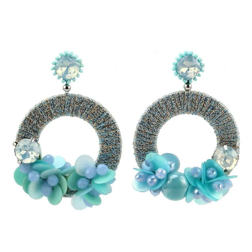 

Resin Bead Flower Big Pendant Crystal Drop Dangle Earrings for Women Florate Brand Silk Thread Handmade Statement Party Earrings