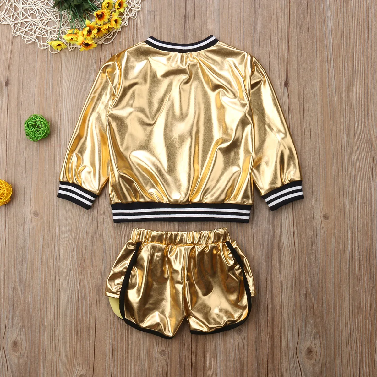 Комплект из 2 предметов, Детская куртка металлик для маленьких девочек+ короткие штаны Золотое кожаное пальто и шорты, комплект одежды
