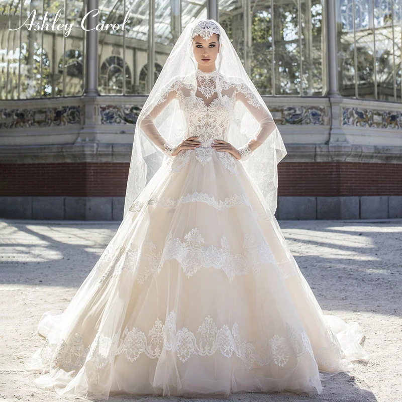 

Ashley Carol Muslim Wedding Dress 2019 High-Neck Long Sleeve Islamic Saudi Arabic Palace Dream Illusion Bride Gown Customized
