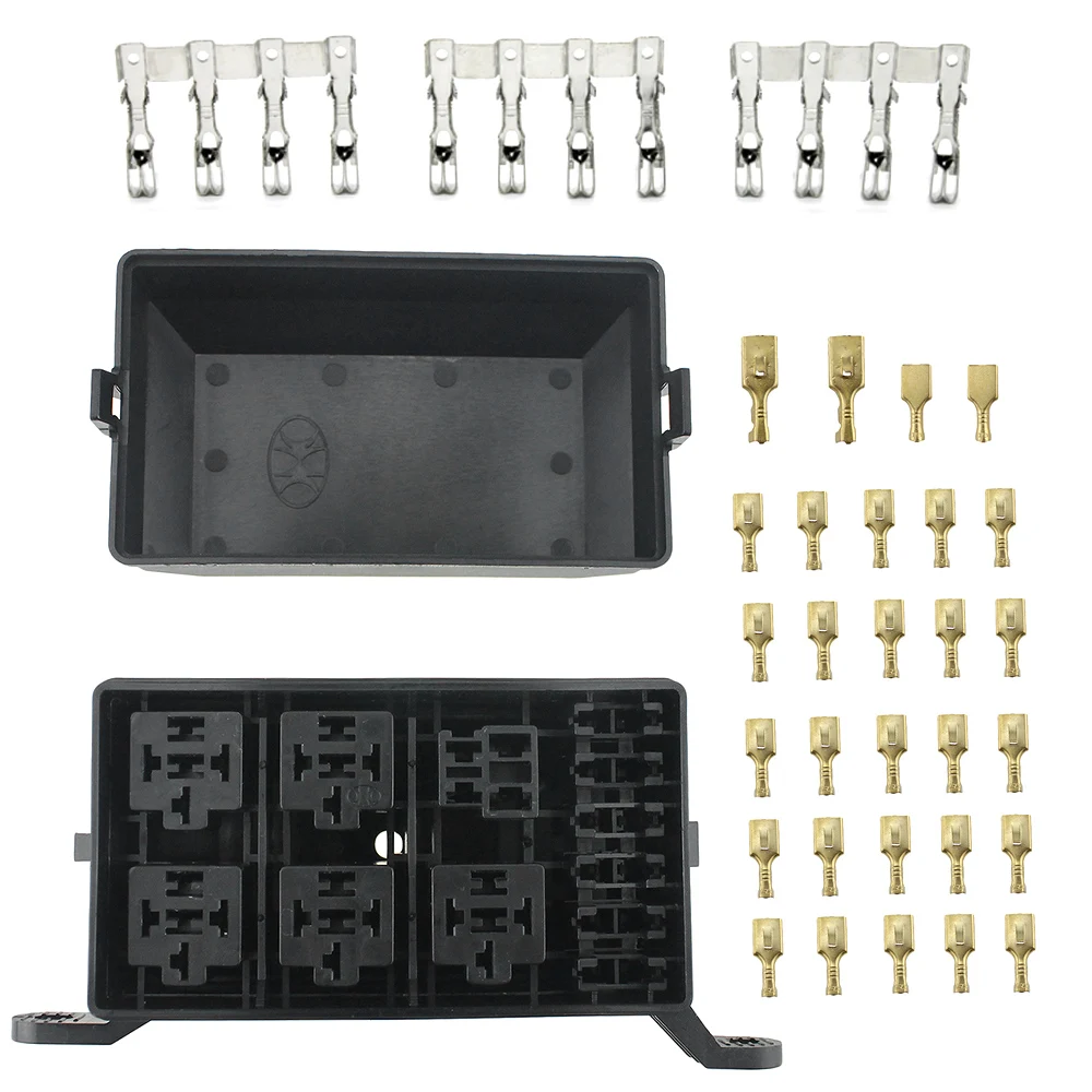 12-Slot 41pcs Metallic Pins Universal 12V Car Marine 6 Way Relay+6 Slot ATO/ATC Blade Fuse Holder Box for Automotive and Marine