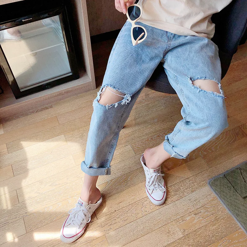 Summer Hole Vintage Women Boyfriend Ankle Jeans High Waist Loose Lazy Style Mom Jeans Denim Pants