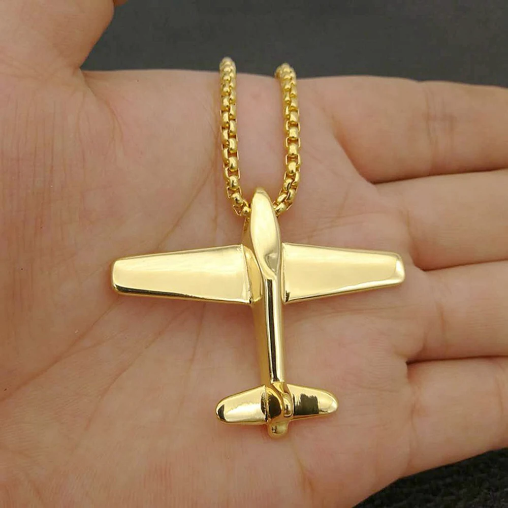 

QMHJE Smooth Plated Aircraft Pendant Chain Men Necklace Gold Silver Color Male Hip Hop Jewelry Punk Rock Stainless Steel AAN017