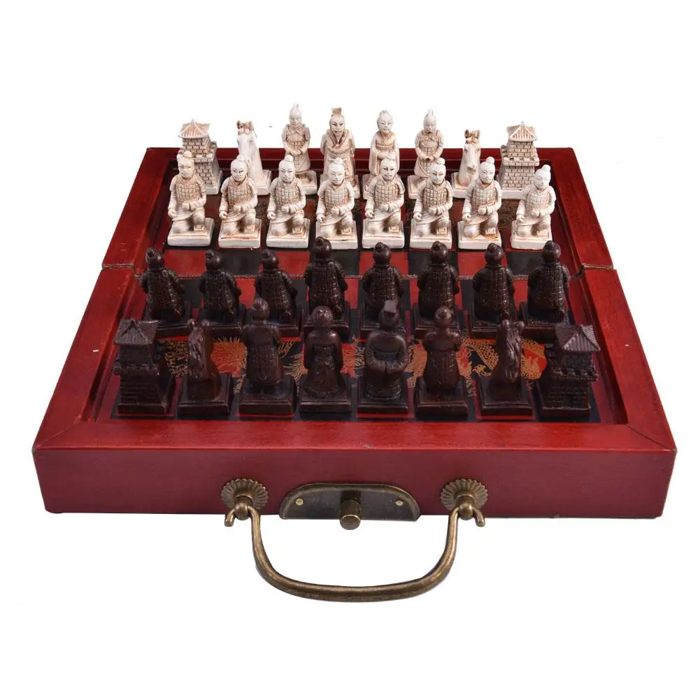 

Chinese Retro Chess Small Chess Set Ming Qing Dynasty Carved Resin Chessman Terracotta Warriors Chess Quality Wooden Material