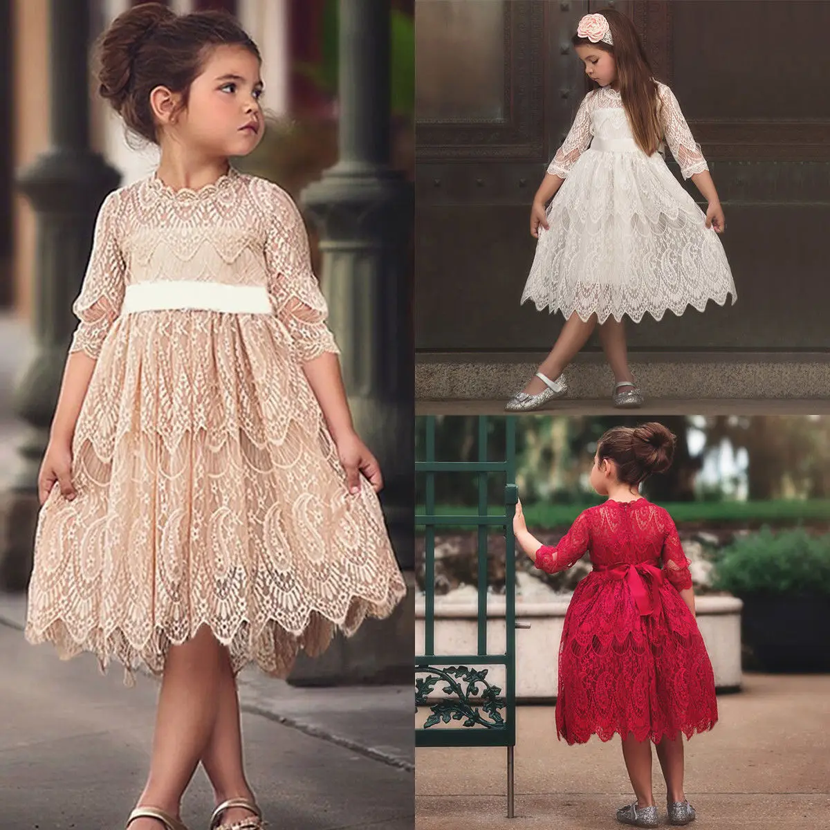 Элегантное платье с цветочным узором для девочек, кружевное однотонное платье принцессы для свадебной вечеринки, кружевное платье цвета шампанского, белого и красного цвета