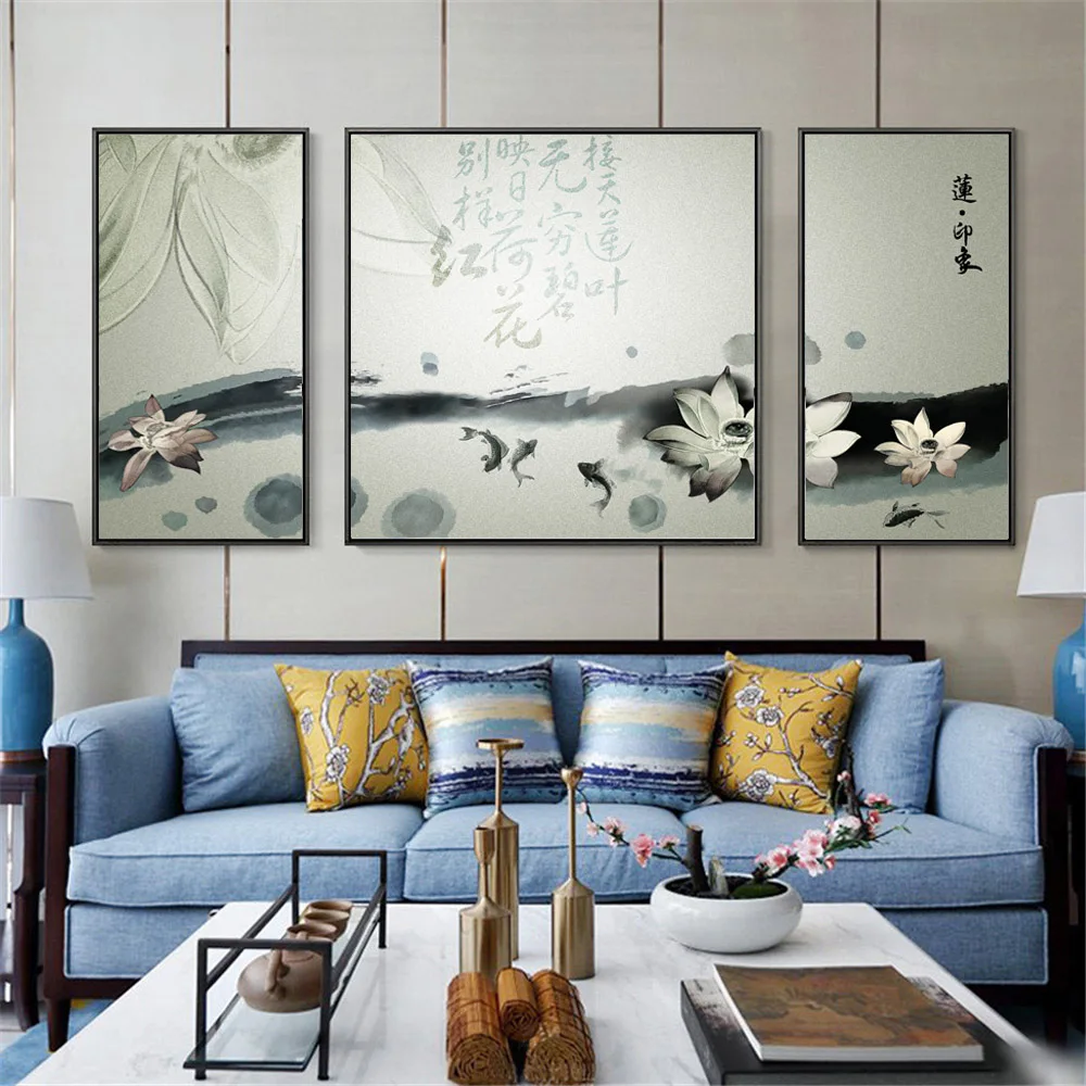 Triple Traditional Chinese Ink Painting Abstract Lotus and Fish