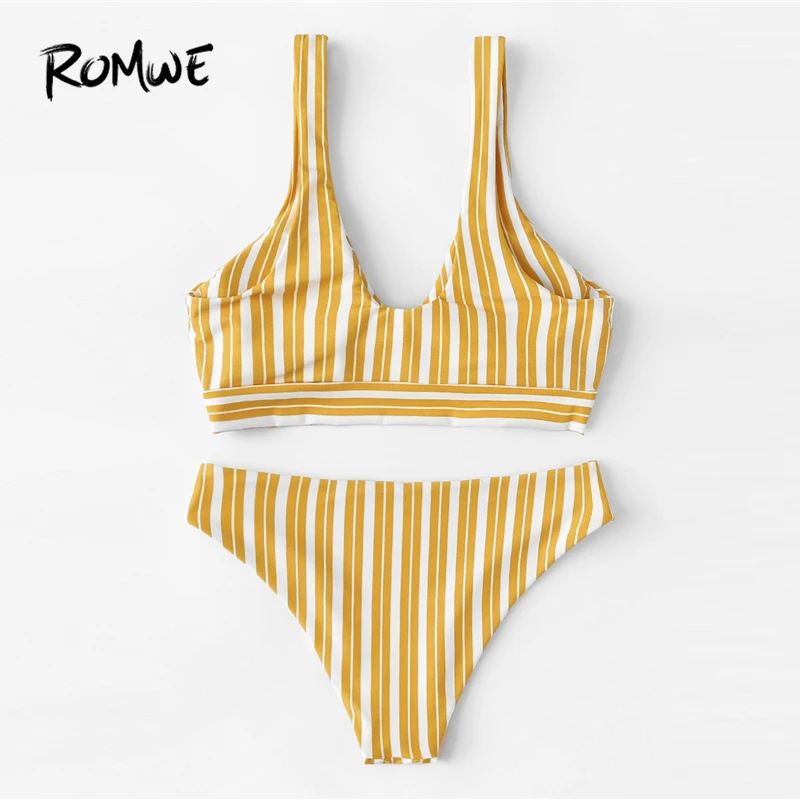 Sport Yellow Vertical Striped Knot Front V Neck Wireless Bikini Set Women Summer Low Waist Swimsuit Beach Swimming Wear Sport Yellow Vertical Striped Knot Front V Neck Wireless Bikini Set Women Summer Low Waist Swimsuit Beach Swimming Wear