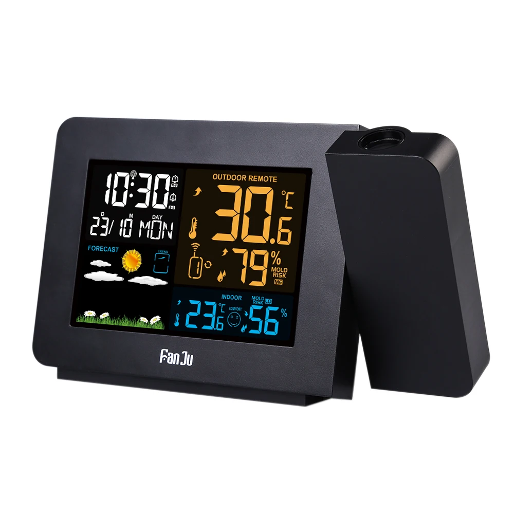 

FanJu FJ3391 Weather Station with Projection |Weather Monitor |DCF Radio control | Calendar |7 languages| Backlight Alarm Clock