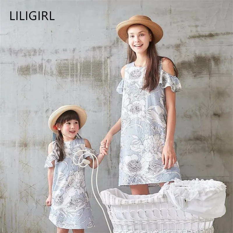 

LILIGIRL Mommy and Me Striped Dress Off-shoulder Family Summer Kids Dresses for Girls Matching Mother Daughter Clothes Outfits