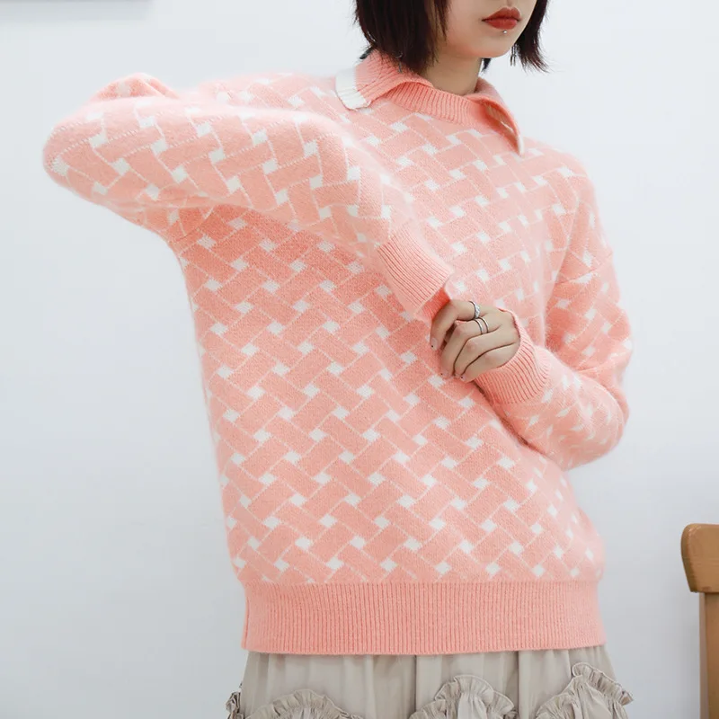 A Generation of Fat Sweater Female 2018 Autumn And Winter Mink Plaid Long-Sleeve Sweater Fresh Lapel Sweater Female 5173 A Generation of Fat Sweater Female 2018 Autumn And Winter Mink Plaid Long-Sleeve Sweater Fresh Lapel Sweater Female 5173