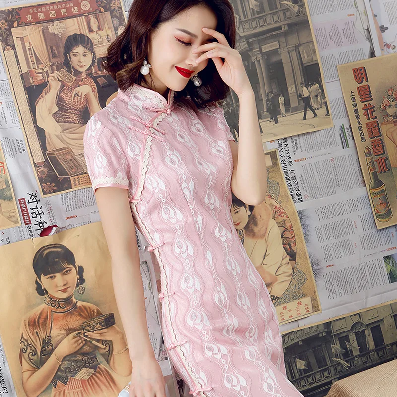 Sheng Coco розовое китайское платье Cheongsam Qipao кружевное традиционное Chipao элегантное