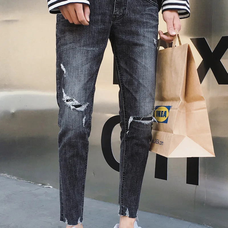 Summer Jeans Men Slim Fashion Washed Retro Torn Holes Denim Pants Man Streetwear Trend Wild Hip Hop Cowboy Trousers Male Clothes