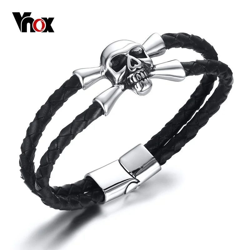 

Vnox Rock Stainless Steel Skull Charm Bracelet Men Jewelry Cool Black Braided Genuine Leather Bracelets & Bangles
