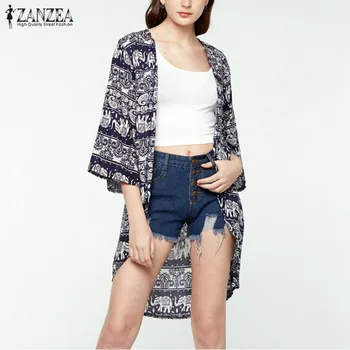

ZANZEA 2020 Sexy Summer Floral Beach Cover Up Women Cardigan Kimono Blouse Tops Loose 3/4 Sleeve Print Irregular Plus Size