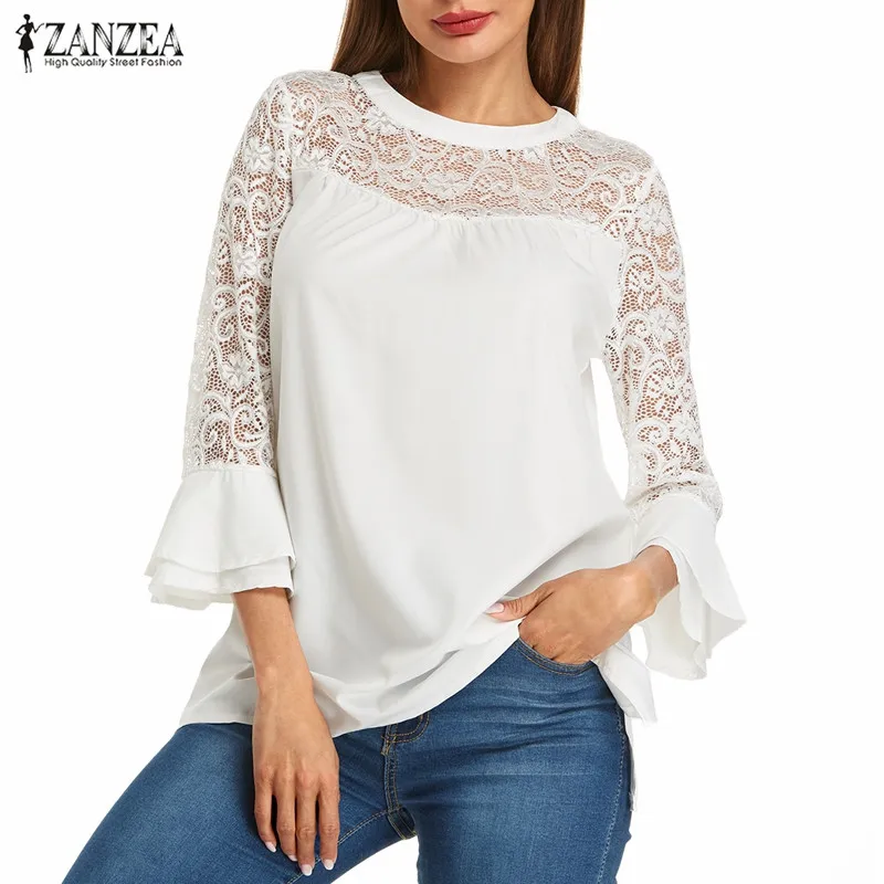 

ZANZEA 2019 Summer Women Blouses Shirts Casual Loose O Neck 3/4 Flare Sleeve Solid Patchwork Lace Pullovers Elegant Blusas Tops