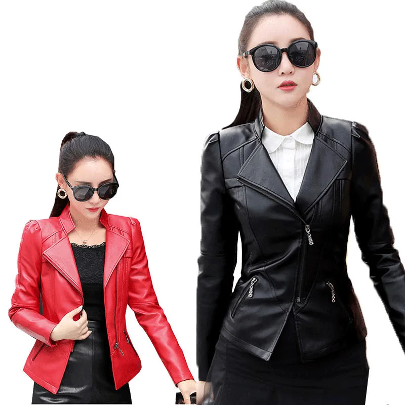 Размера плюс XS 6XL мотоциклетная кожаная женская куртка на молнии черная красная искусственная кожа короткое пальто осеннее тонкое женское пальто H59