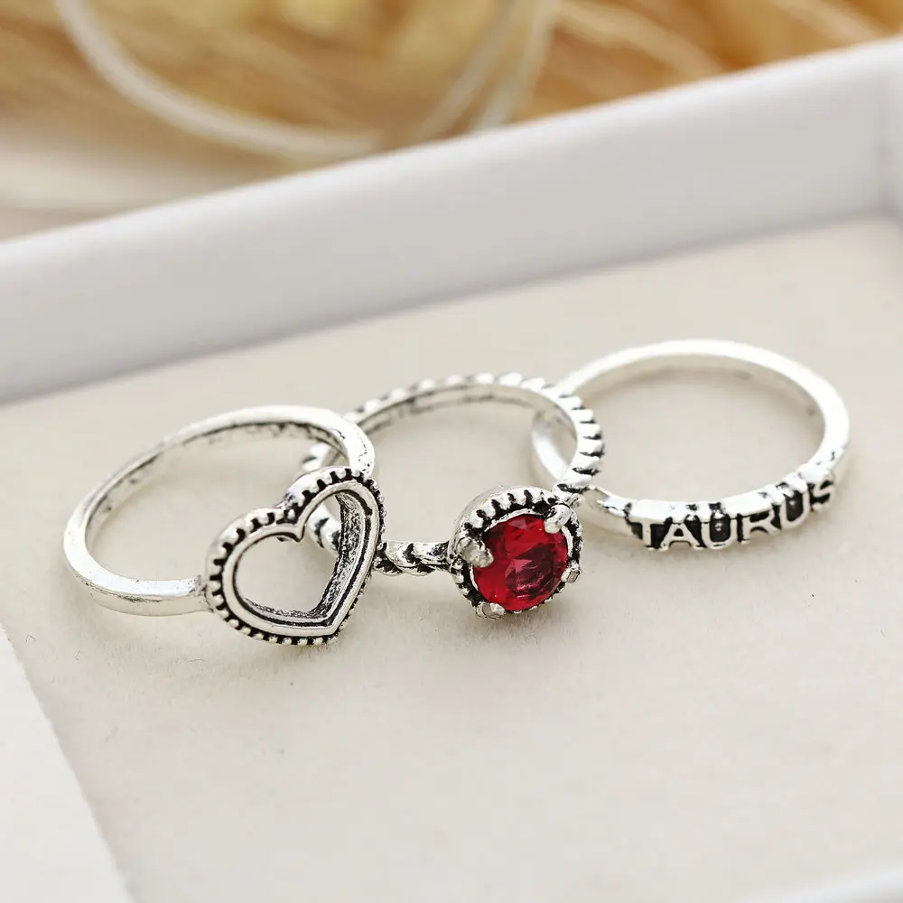 ZIIME 3PCS/Set Simple Design Letter Heart Crystal Stone Knuckle Ring Set For Ladies Antique Silver Rings Jewelry Anillo Boho