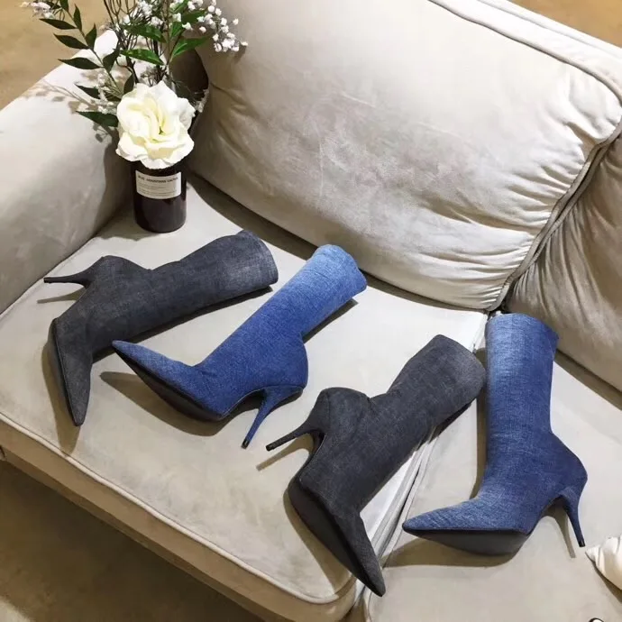 Sexy Haute As Hauts Bottes Chaussures Stretch Runwa Cheville Pic Denim Pic Bérets De Conception Bout Genou Talons D'été Printemps Femmes Femme as 2019 Pointu vxqfRww