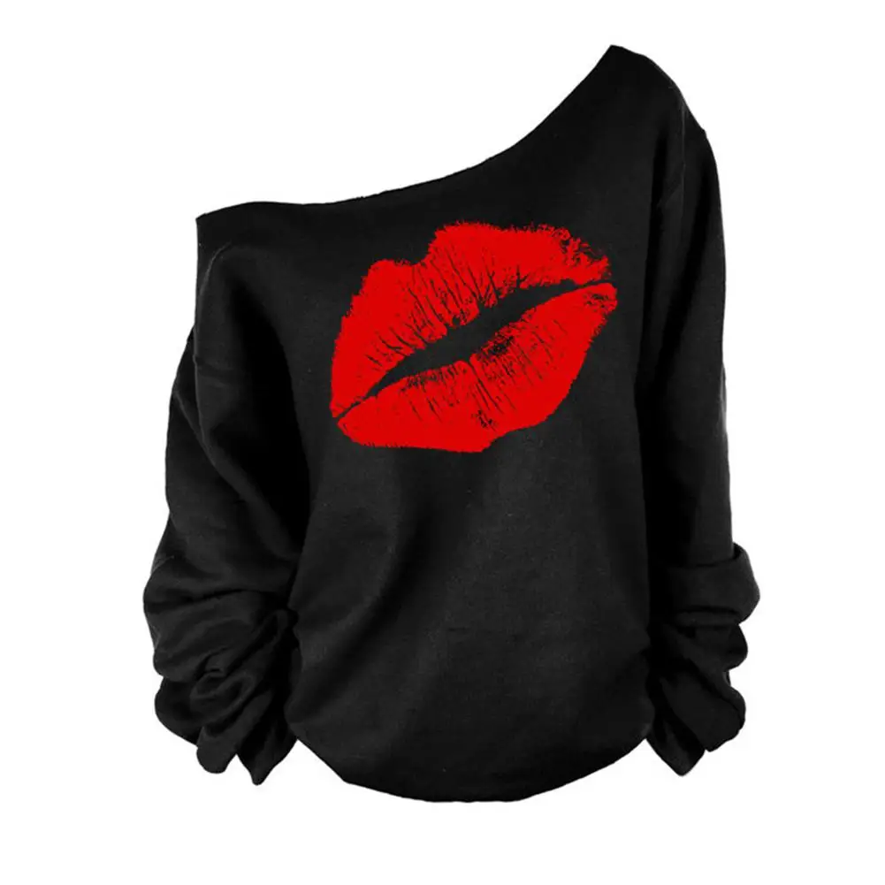 

MISSKY Women Sexy One Shoulder Pullover Lips Print Long Sleeve Off Shoulder Shirt Sweatshirt Tops