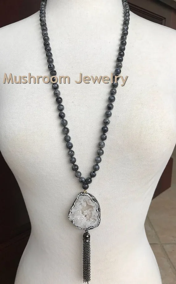 

Fashion Bohemian Tribal Jewelry Natural Stone labradorite Long Knotted Natural Druzy Pendant Necklaces For Women Jewelry